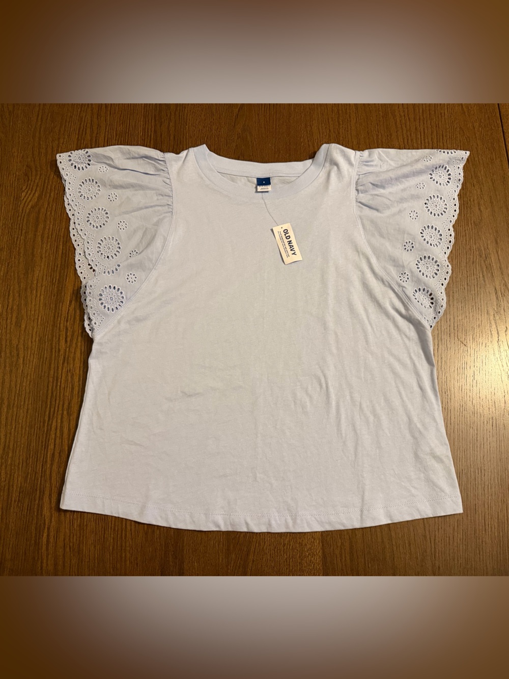 NWT Old Navy Float Your Boat Light Blue Cutwork-Sleeve Mixed Fabric Top
